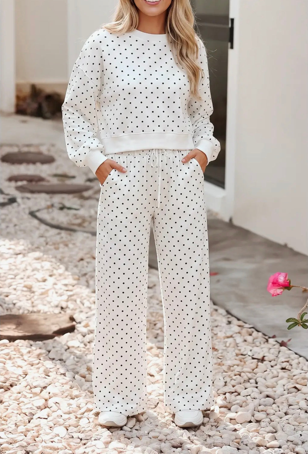 Polka Dot Drawstring Wide Leg Pants Set