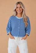 Stripe 3/4 Sleeve Button Down Knit Cardigan