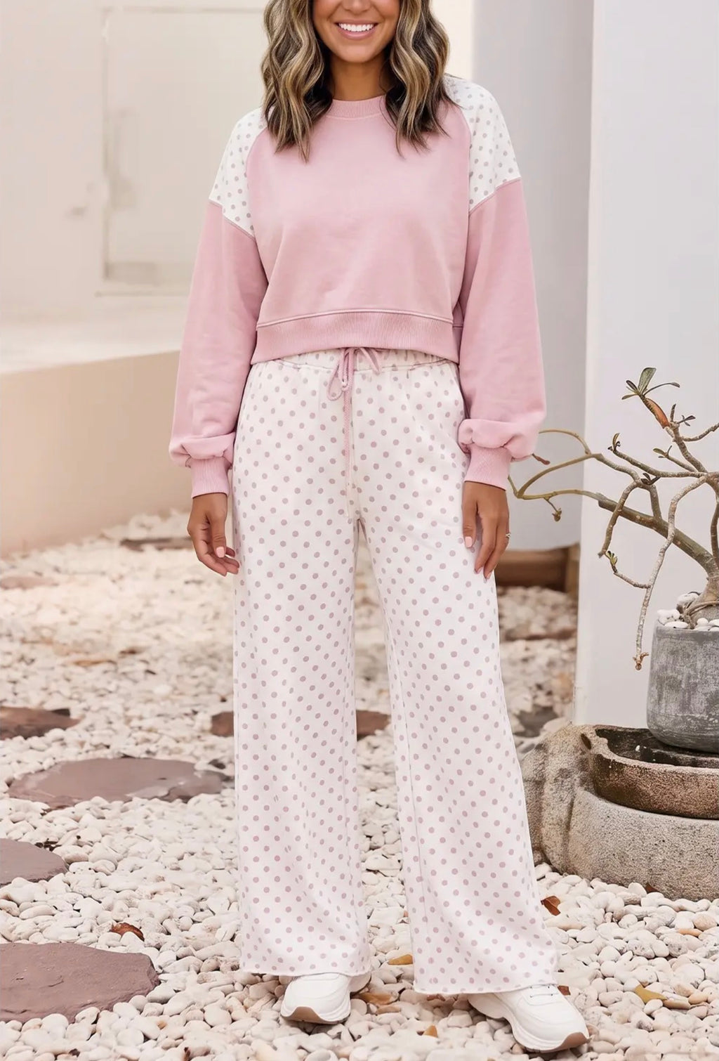 Polka Dot Colorblock Long Sleeve Two Piece
Pants Set