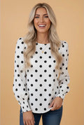 Polka Dot Frilled Long Sleeve Round Neck Blouse