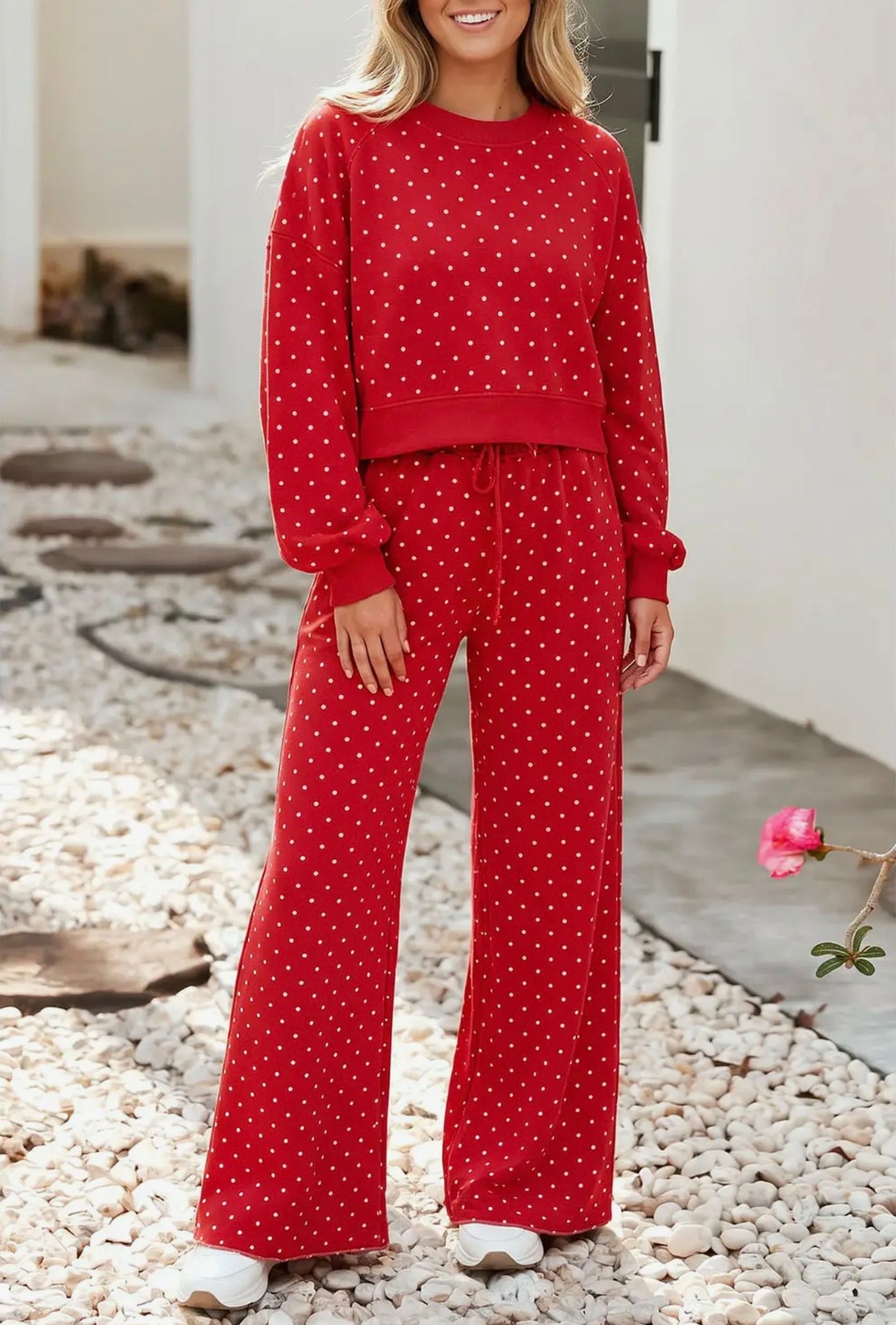 Polka Dot Drawstring Wide Leg Pants Set