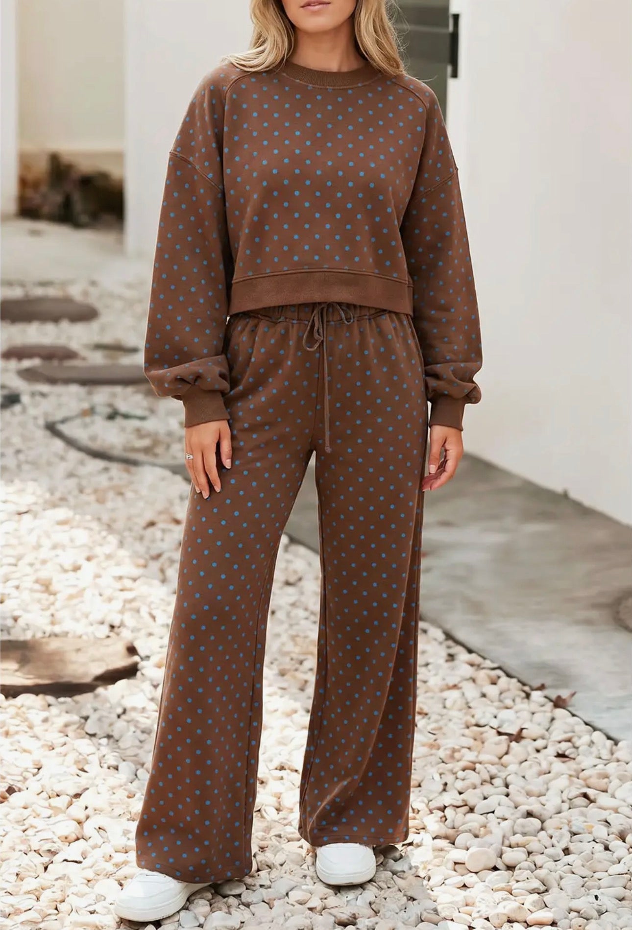 Polka Dot Drawstring Wide Leg Pants Set