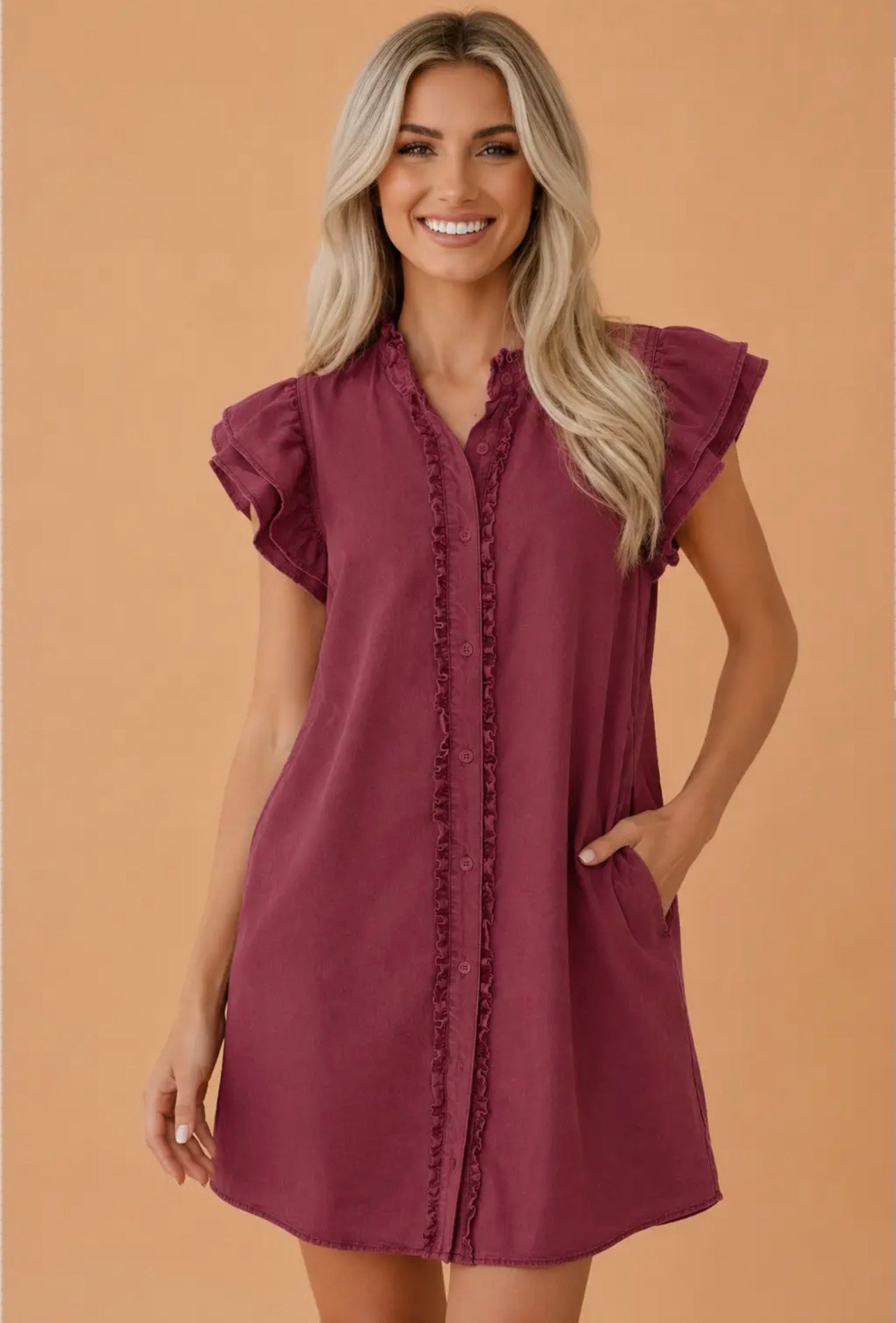Solid Denim Ruffle Buttoned Mini Dress