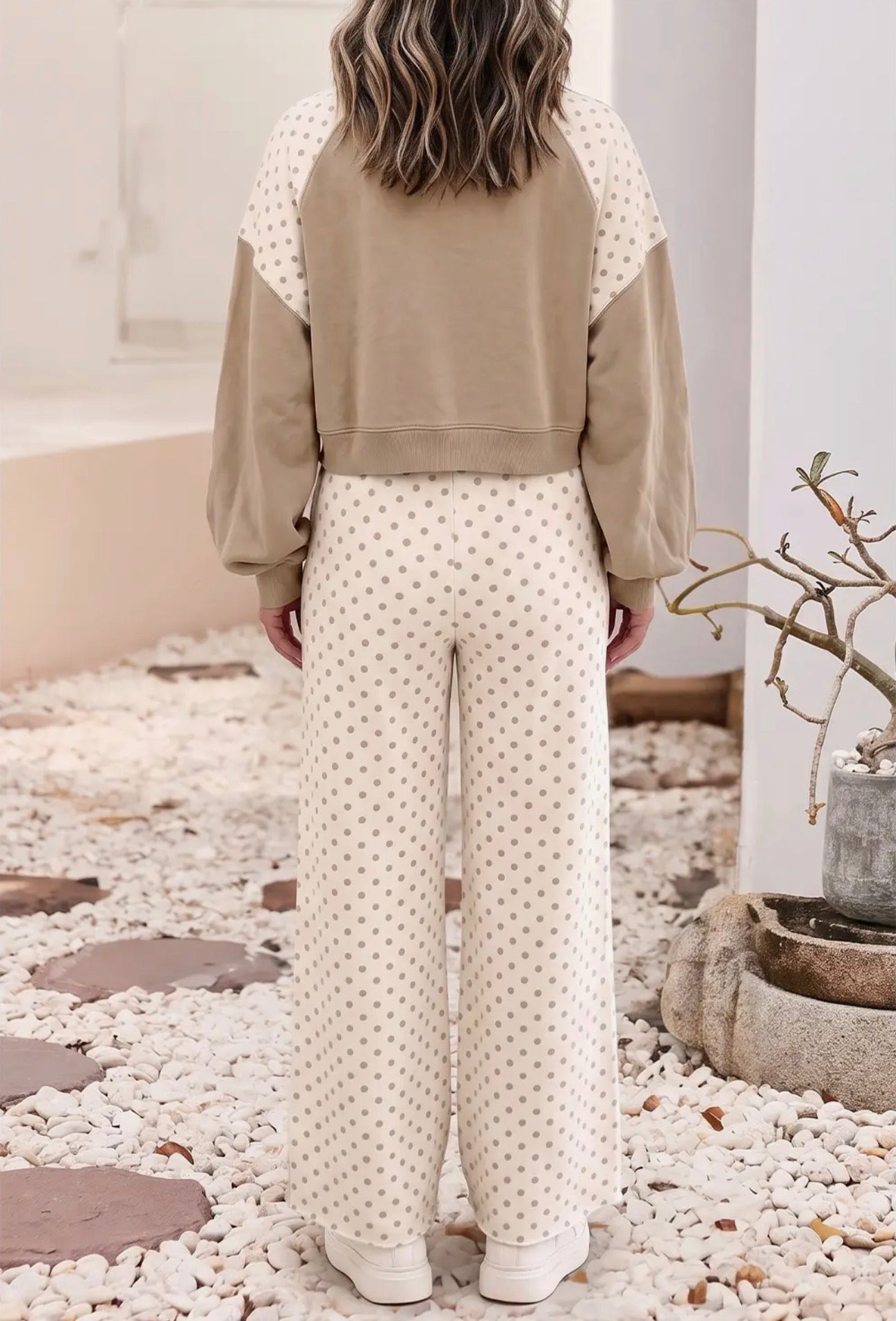 Polka Dot Colorblock Long Sleeve Two Piece
Pants Set