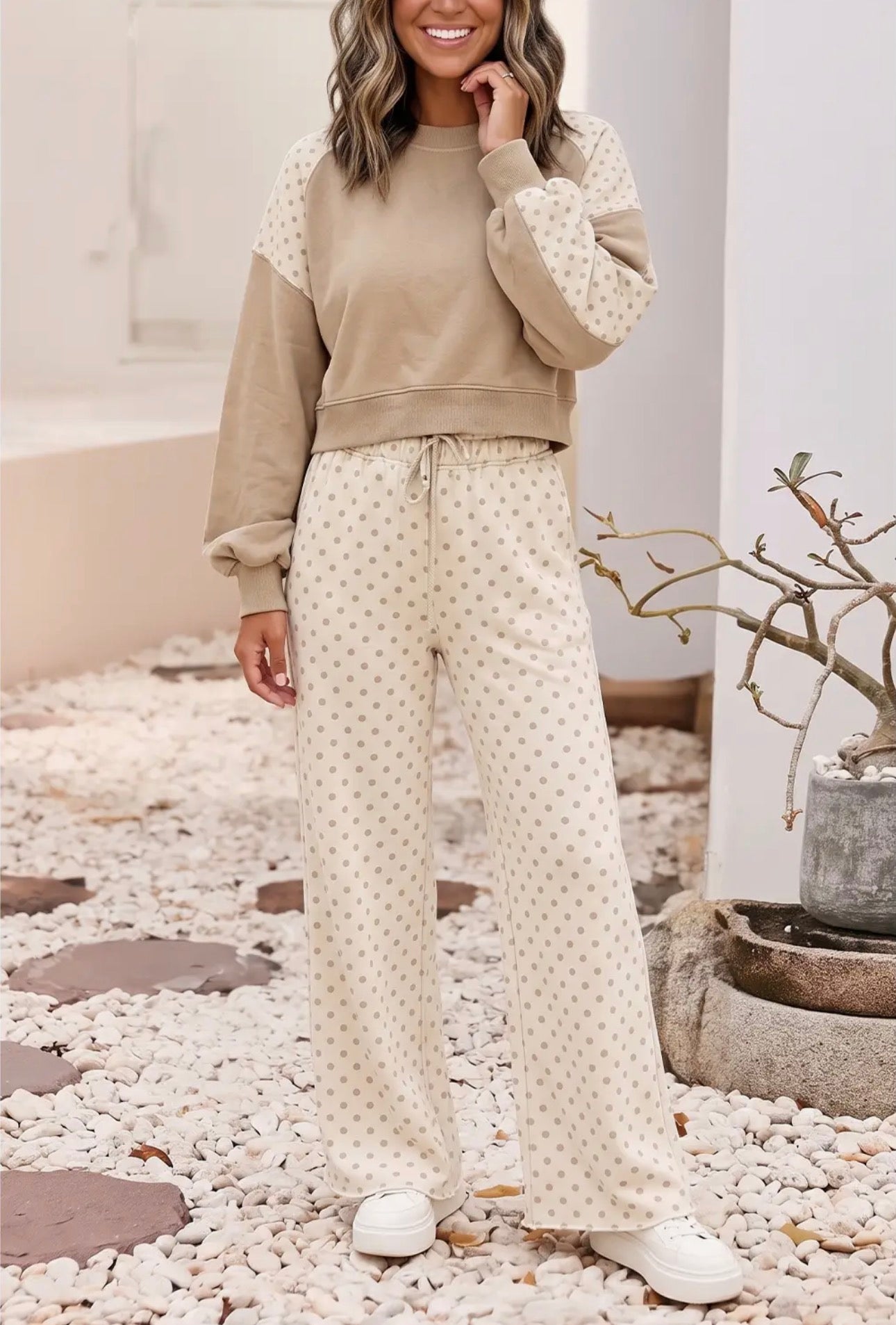 Polka Dot Colorblock Long Sleeve Two Piece
Pants Set