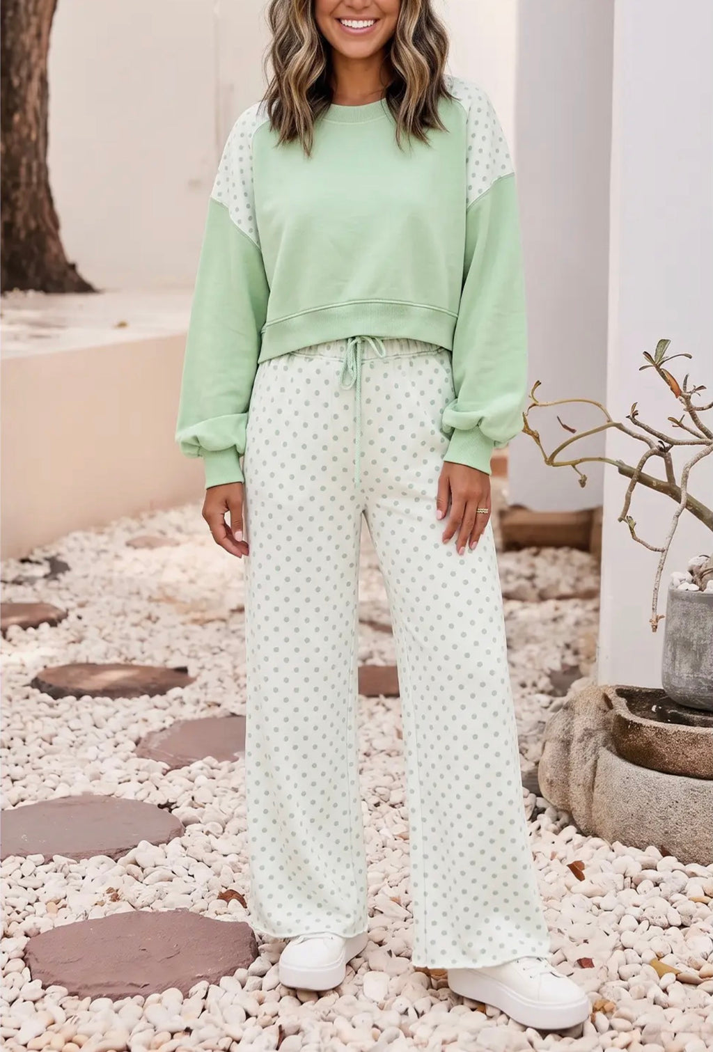 Polka Dot Colorblock Long Sleeve Two Piece
Pants Set