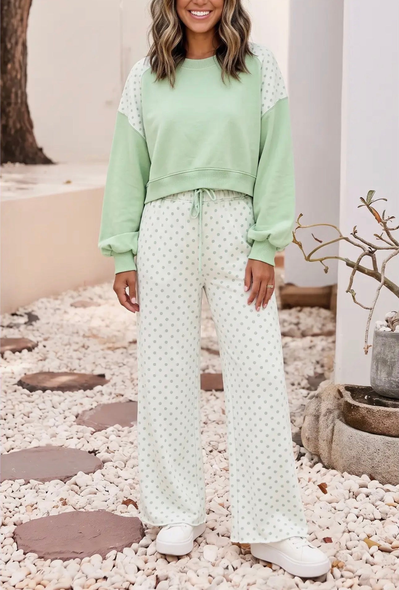 Polka Dot Colorblock Long Sleeve Two Piece
Pants Set