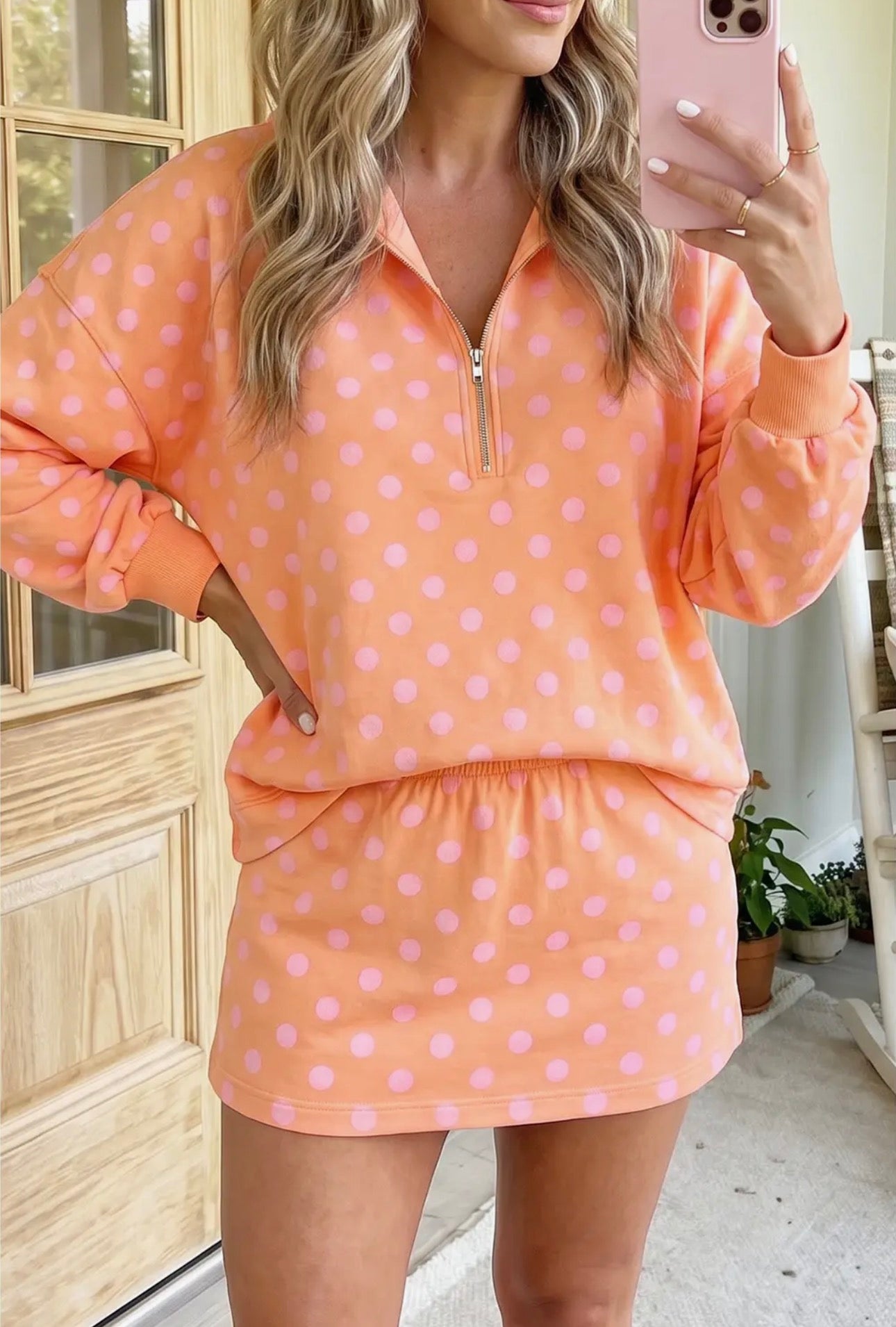 Polka Dot Hooded Long Sleeve Top Casual Mini Skort Set