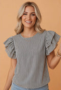 Stripe Ruffle Sleeve Round Neck Blouse