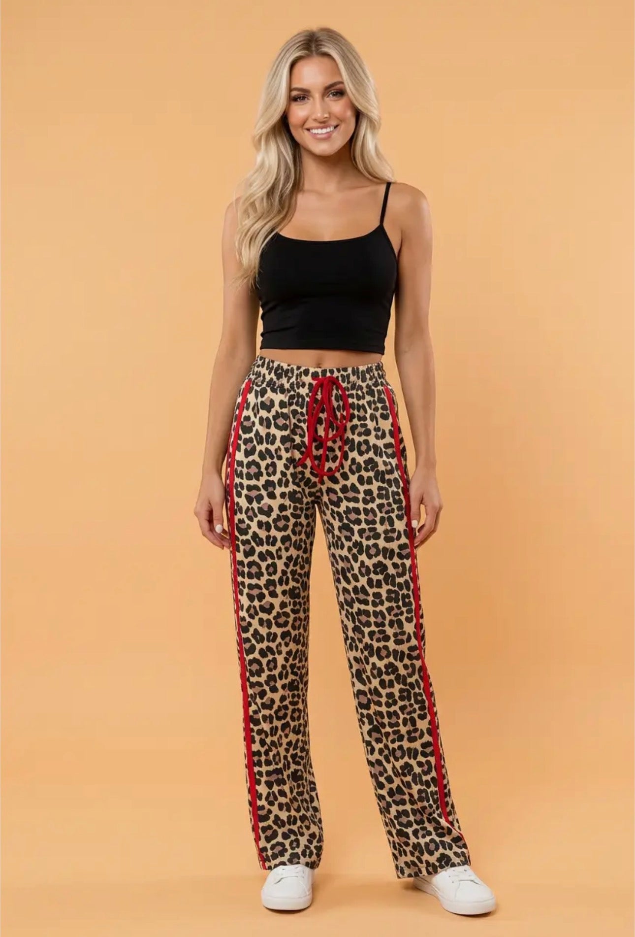 Leopard Tie Waist Contrast Detail Casual Pants