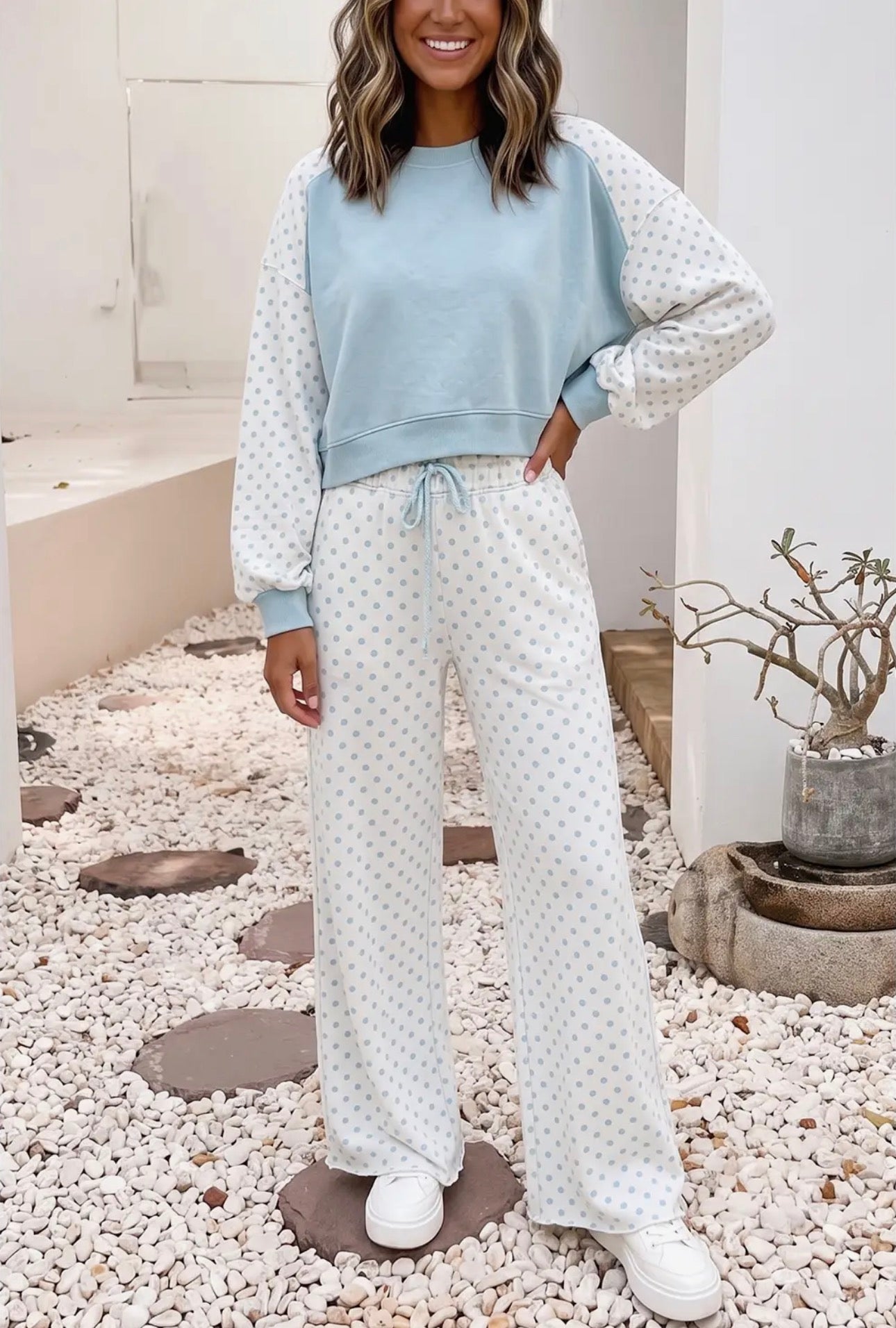 Polka Dot Colorblock Long Sleeve Two Piece
Pants Set