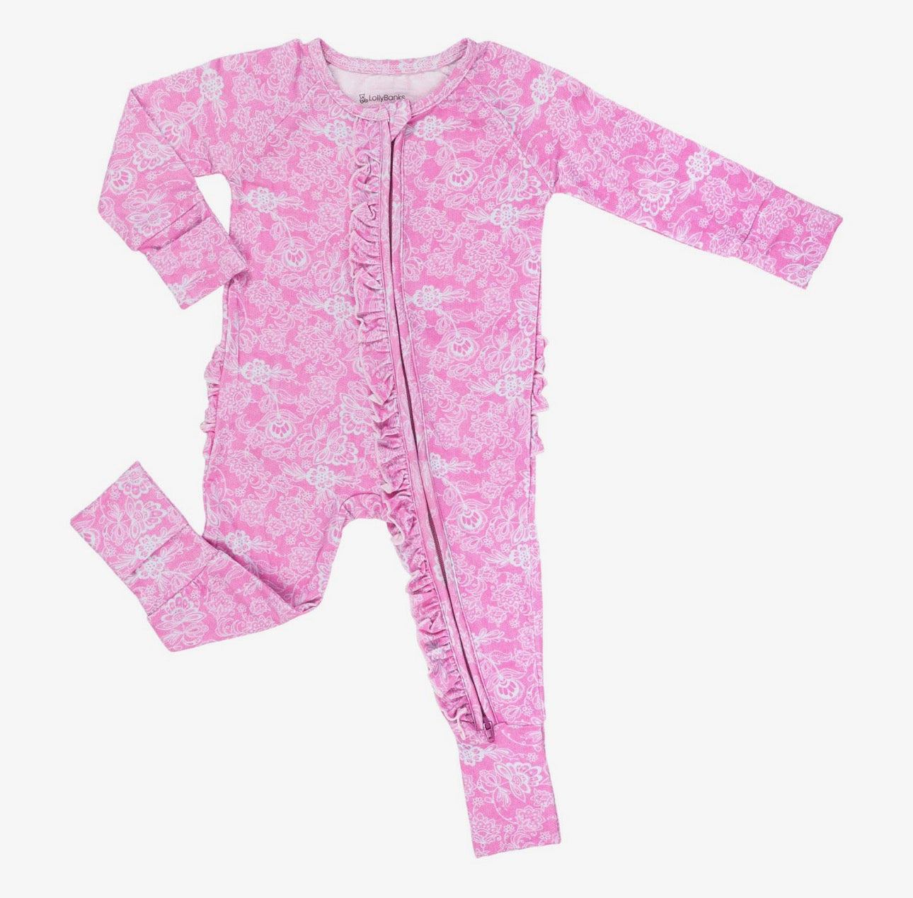 Lolly Banks Bamboo Baby Convertible Ruffle Zipper Pajama - Pink Lace