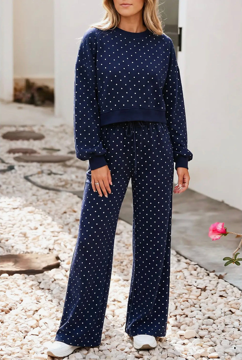Polka Dot Drawstring Wide Leg Pants Set