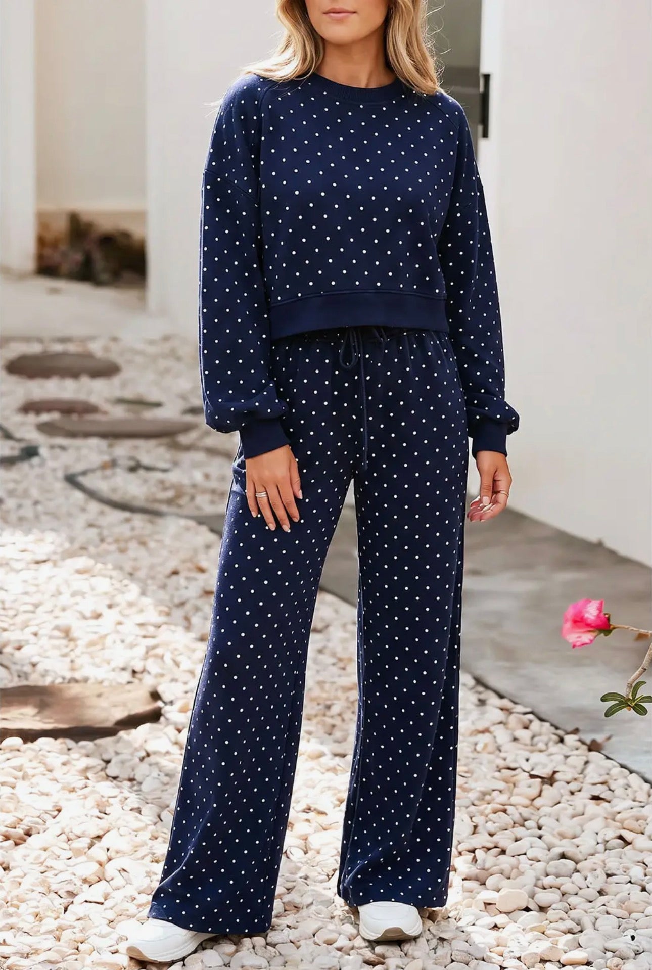 Polka Dot Drawstring Wide Leg Pants Set